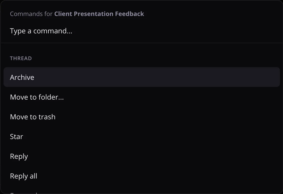 Kanmail command palette showing context-aware thread commands like archive, move and reply