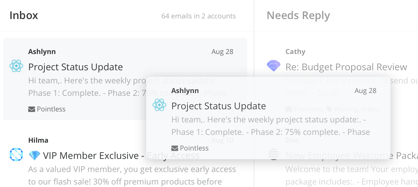 Screenshot of Kanmail app showing email drag and drop