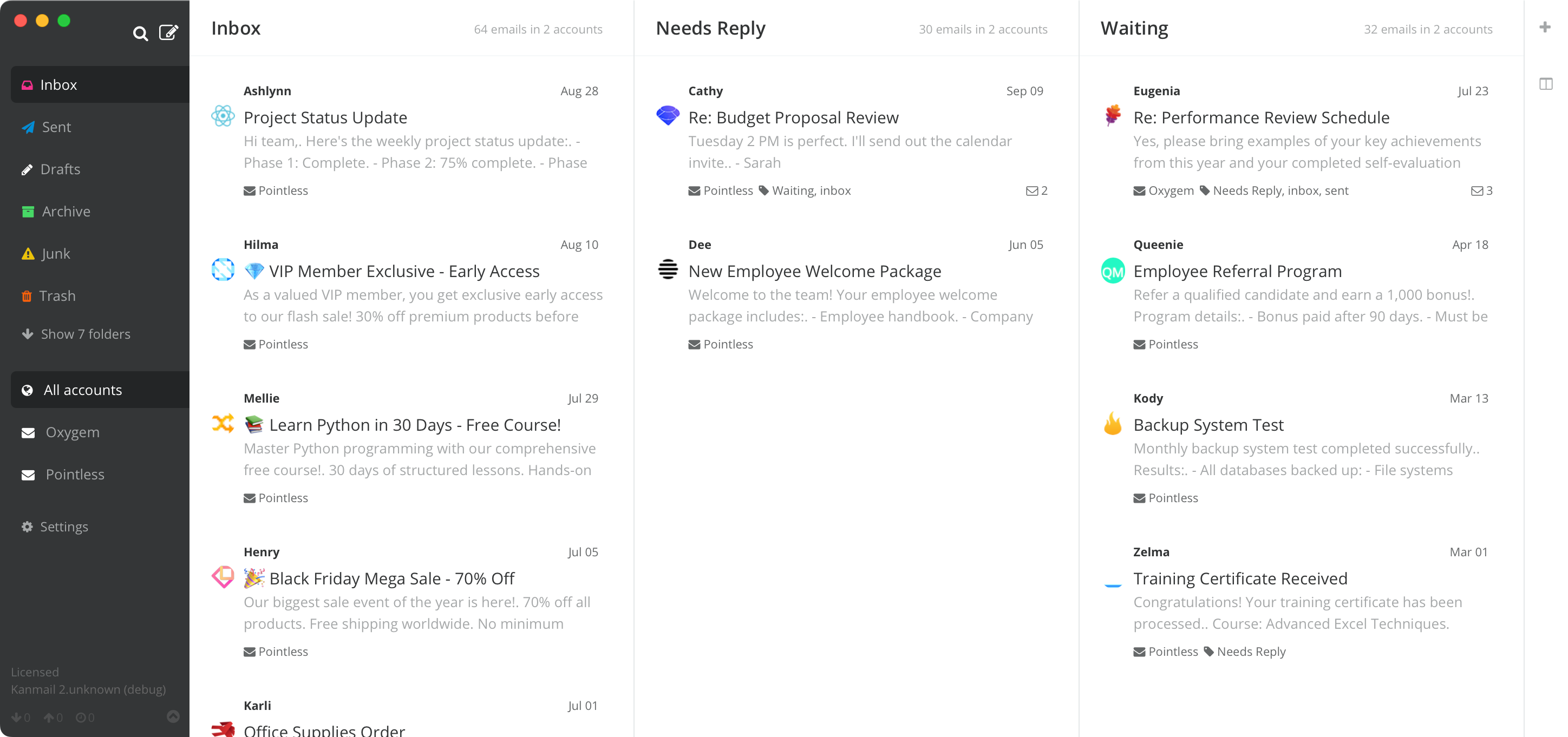 Screenshot of Kanmail app showing inbox and folders as a kanban board